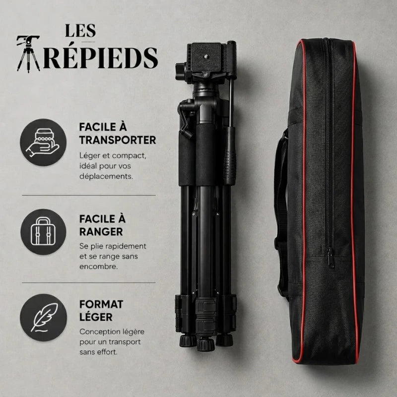 Trépied robuste noir replié à plat a côté d une housse de transport noire à bandes rouges - logo Les Trépieds - infographie : facile a transporter, facile a ranger, format léger