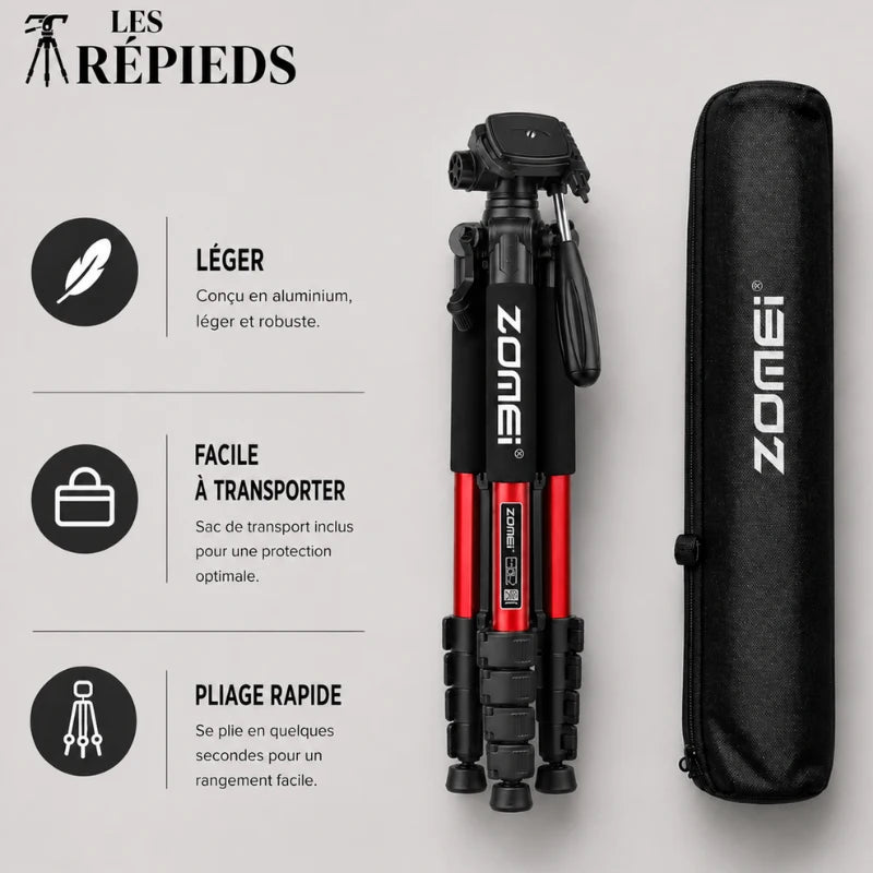 Trépied rouge Zomei replié a côté d une sacoche de transport Zomei noire - logo Les Trépieds - infographie : léger aluminium, facile a transporter avec sac inclus, pliage rapide