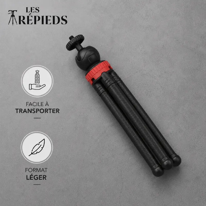 Trépied poulpe flexible rouge et noir replié à plat sur fond gris beton - logo Les Trépieds - infographie : facile a transporter, format léger