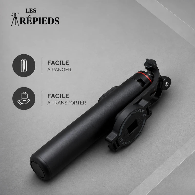 Trépied iPhone noir 130 cm replié à plat avec support magnétique visible - logo Les Trépieds - infographie : facile a ranger, facile a transporter