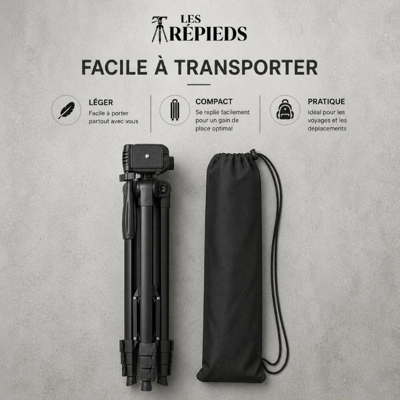 Trépied iPhone noir replié à plat a côté d une pochette de transport noire en tissu - logo Les Trépieds - infographie : léger, compact, pratique