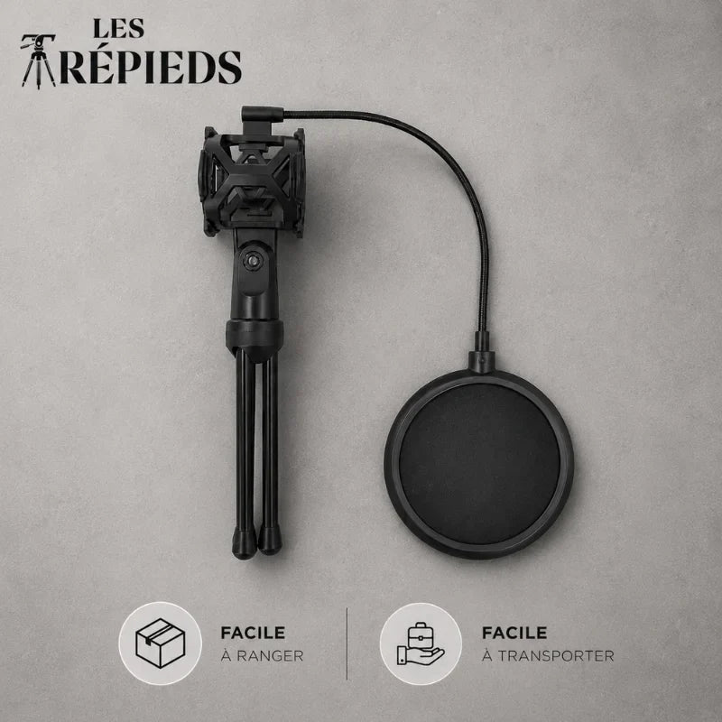 Mini trépied micro noir et filtre anti-pop noir posés à plat sur fond gris beton - logo Les Trépieds - infographie : facile a ranger, facile a transporter