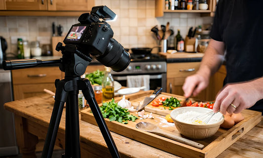 Trepied utilise en cuisine pour filmer une recette en vue du dessus avec un smartphone fixe dans le support