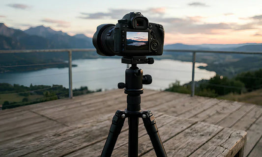Trepied robuste supportant un long objectif telephoto monte sur un appareil photo reflex en exterieur