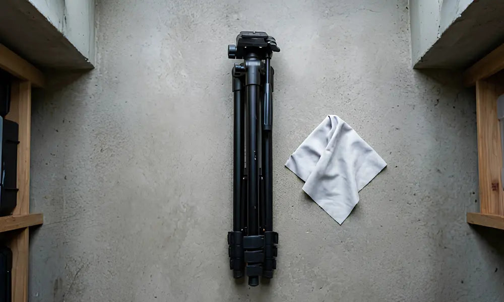 Nettoyage d un trepied photo avec chiffon et brosse pour entretenir les pieces mobiles et prolonger sa duree de vie