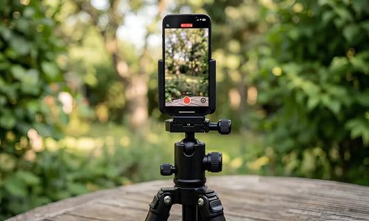 iPhone fixe sur un trepied grace a un support universel pour filmer ou photographier sans les mains