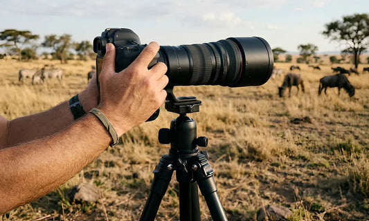 Trepied positionne dans la nature pour photographier des animaux sauvages a distance sans les deranger