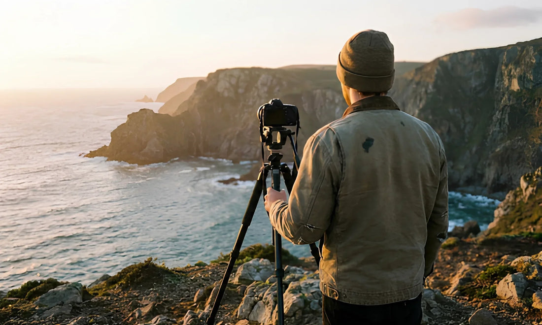 Trépied photo avec appareil positionné pour une prise de vue de paysage
