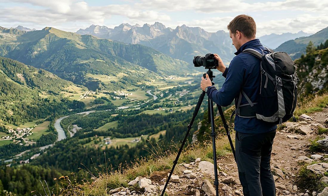 Photographe réglant la hauteur et l'angle de son trépied pour appareil photo