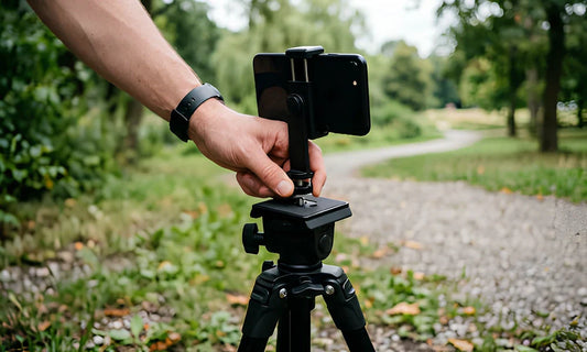 Mains plaçant un téléphone dans le support d'un mini trépied