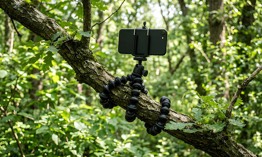 Trépied gorille flexible posé sur une surface irrégulière en extérieur