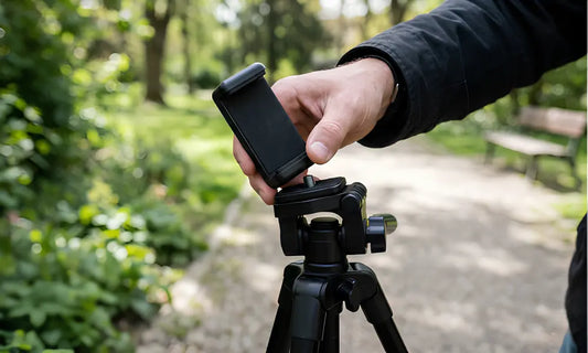Smartphone monté sur un trépied pour appareil photo via un adaptateur