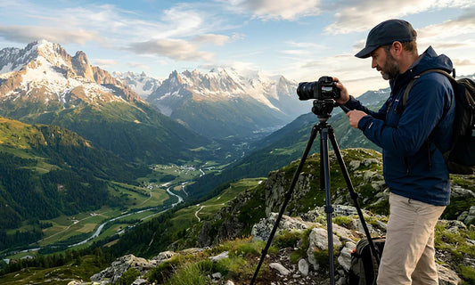 Photographe utilisant un trépied pour cadrer et déclencher à distance