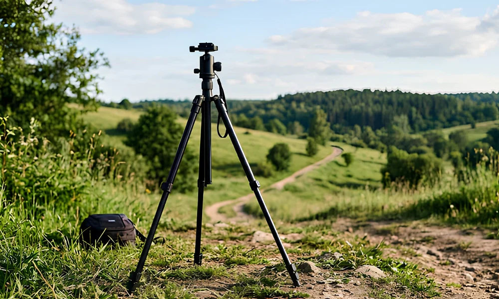 Trépied positionné au sol pour une prise de vue en contre-plongée
