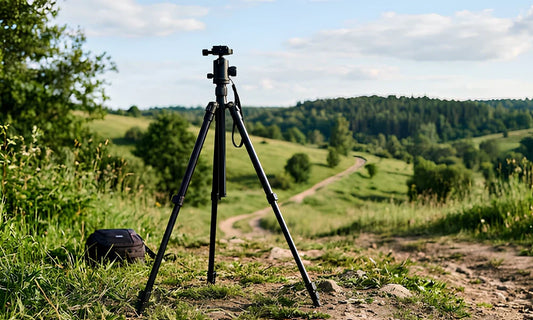 Trépied positionné au sol pour une prise de vue en contre-plongée