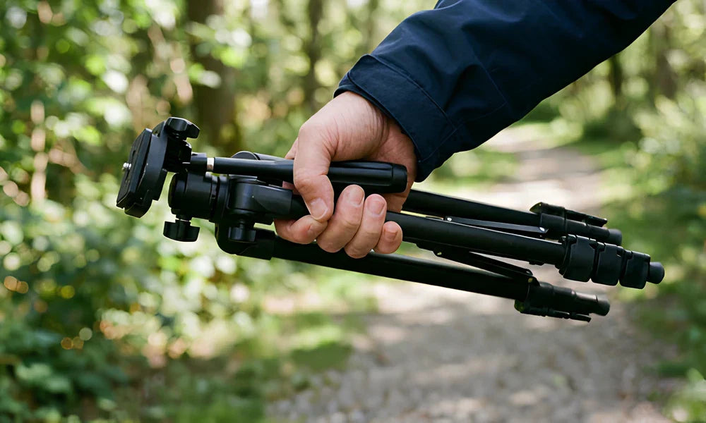 Trépied photo posé sur une balance pour mesurer son poids