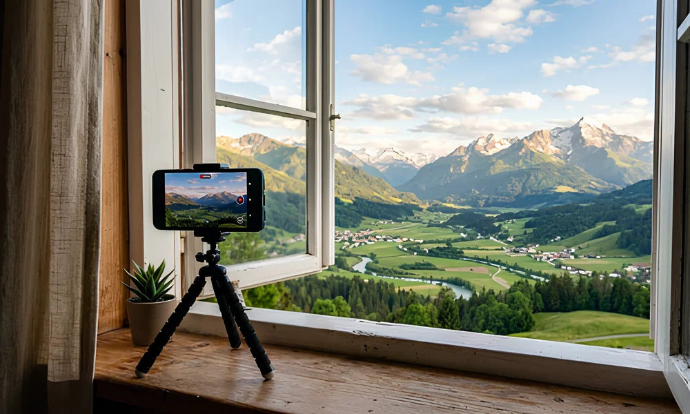 Mini trépied posé sur une table avec un smartphone fixé dessus