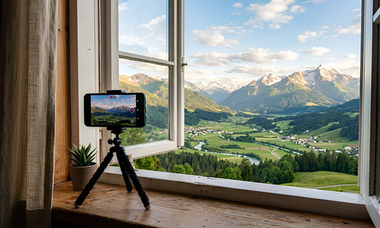 Mini trépied posé sur une table avec un smartphone fixé dessus