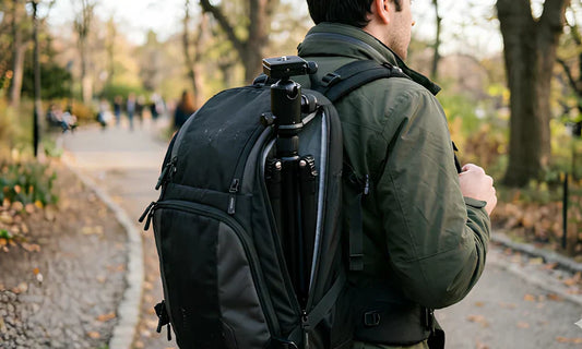 Trépied de voyage dans un sac de voyage porté par un homme