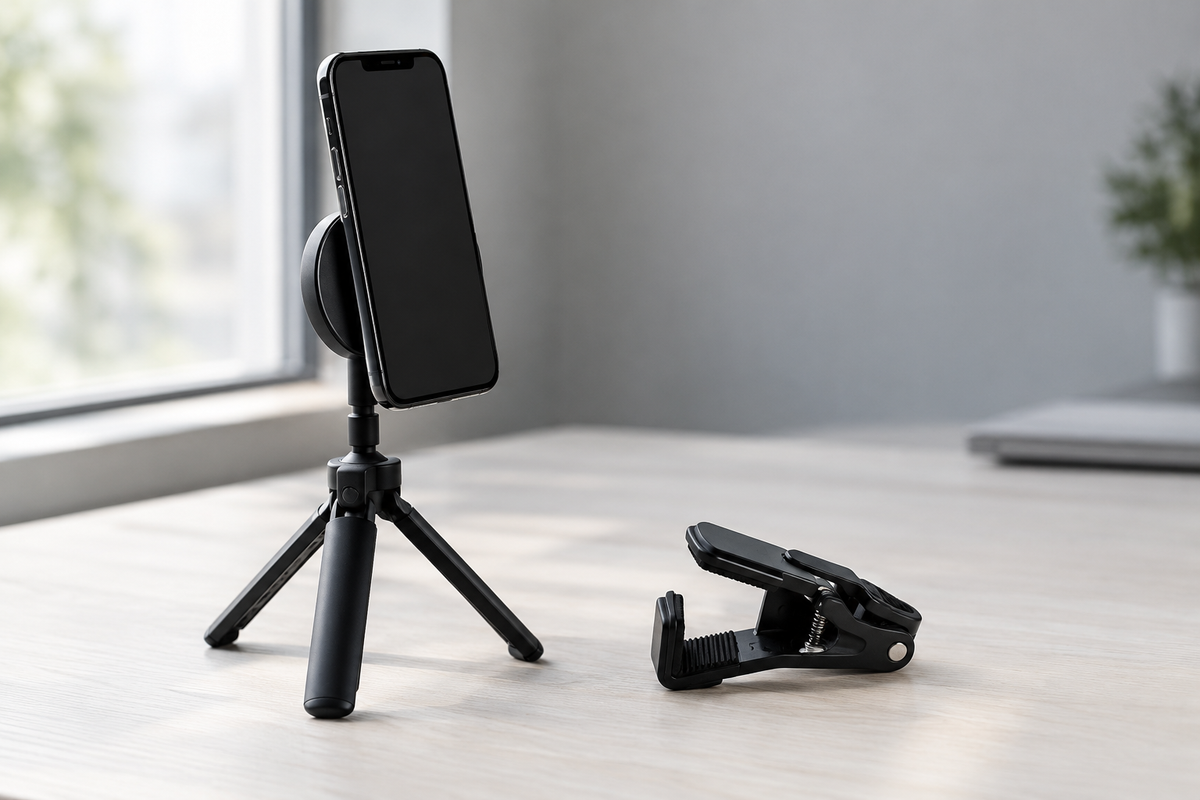 Téléphone tenu à la verticale par un support magnétique sur trépied, pince à ressort posée à côté Image