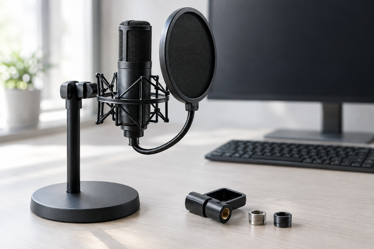 Micro de studio suspendu dans une araignée élastique sur un trépied de table, pince micro et bagues d’adaptation posées à côté Image
