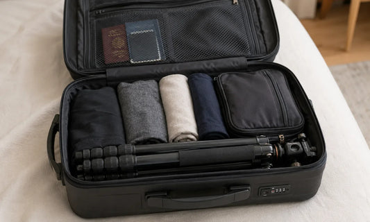 Trepied plie dans un sac de voyage pret a etre enregistre en bagage