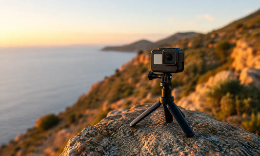 Vlogueur filmant avec un trepied telephone en exterieur pour du contenu video