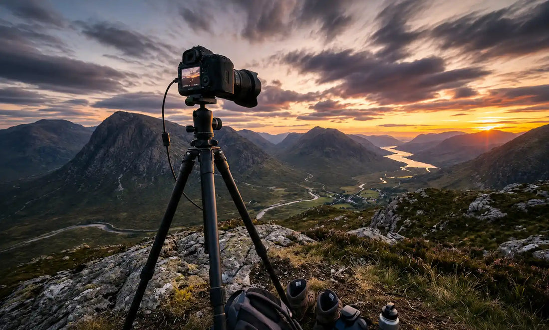Trepied photo stable en exterieur utilise pour realiser un time-lapse de ciel ou de paysage