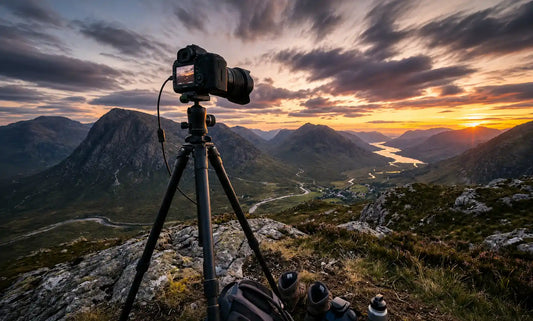 Trepied photo stable en exterieur utilise pour realiser un time-lapse de ciel ou de paysage