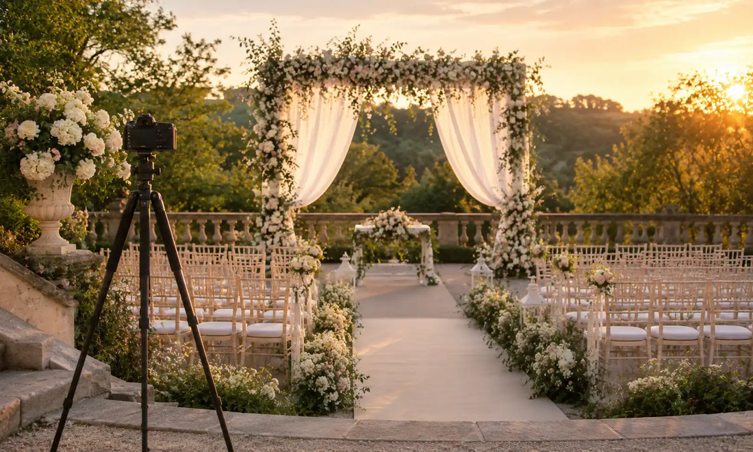 Photographe preparant un trepied pour immortaliser un mariage en exterieur