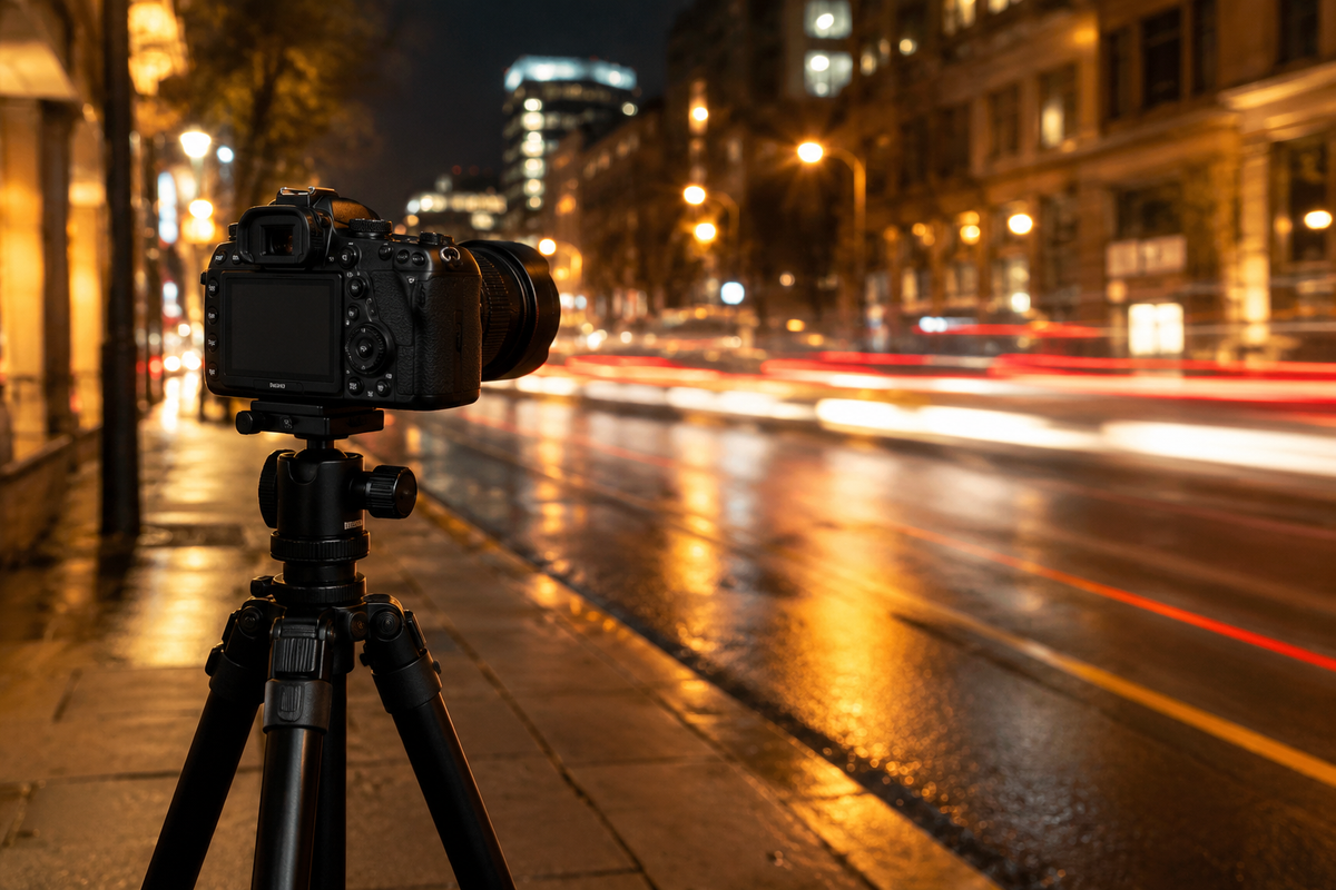 Appareil photo reflex posé sur un trépied la nuit, phares en traînées floues sur la rue derrière Image