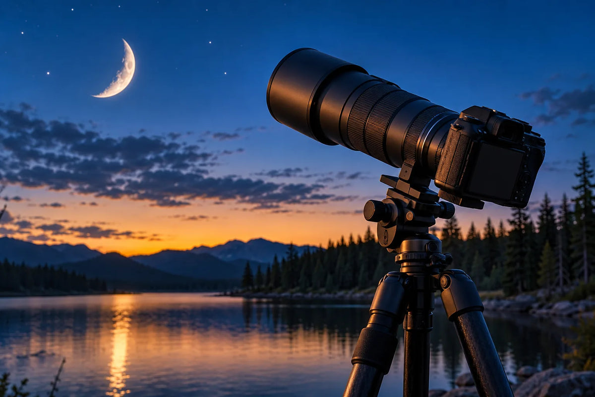 Appareil photo avec téléobjectif sur trépied pointé vers la lune au crépuscule Image