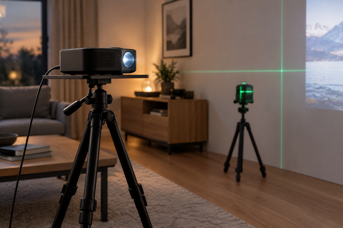 Vidéoprojecteur posé sur le plateau d’un trépied et orienté vers un mur, niveau laser sur un petit trépied au second plan Image