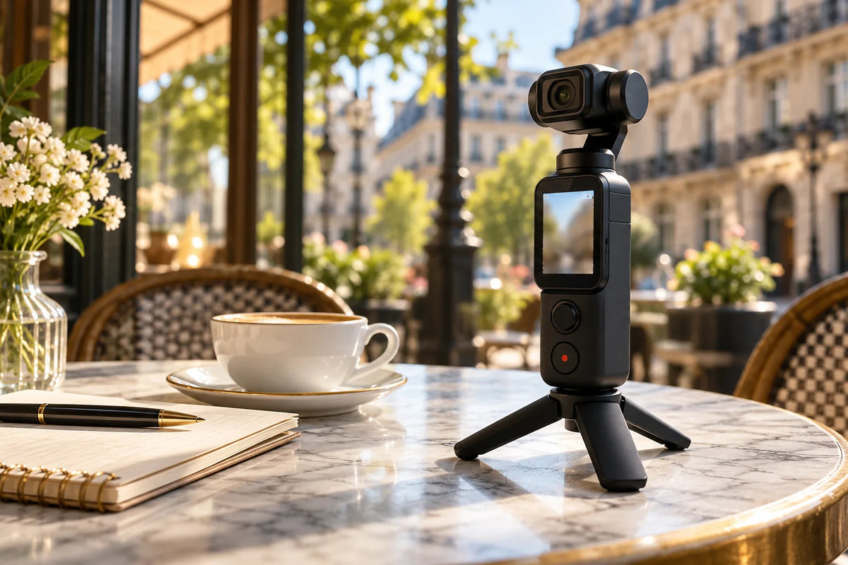 Petite caméra stabilisée de poche sur un mini trépied posé sur une table de café en terrasse Image