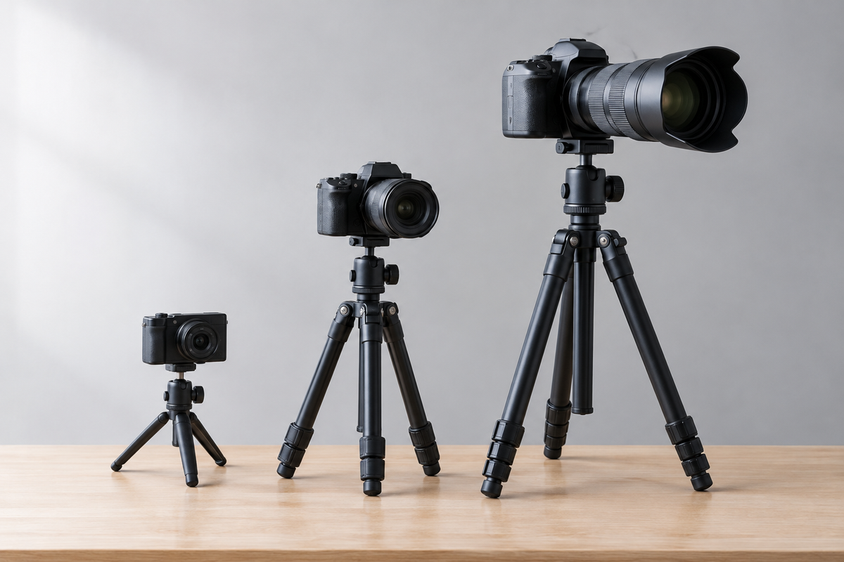 Trois trépieds alignés du plus petit au plus grand, portant un compact, un hybride et un reflex équipé d’un téléobjectif Image