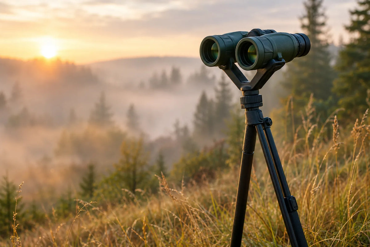 Trépied de chasse à tête en V avec des jumelles posées, à l'orée d'une forêt à l'aube Image