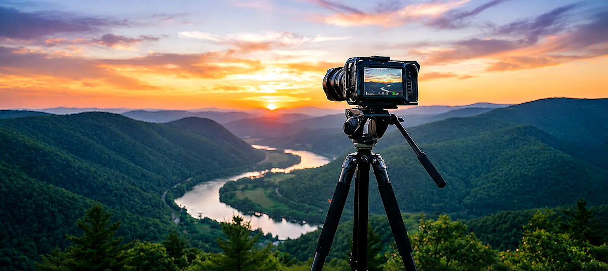 Trépieds photo professionnels déployés avec rotule panoramique et grips en mousse, sur fond blanc
