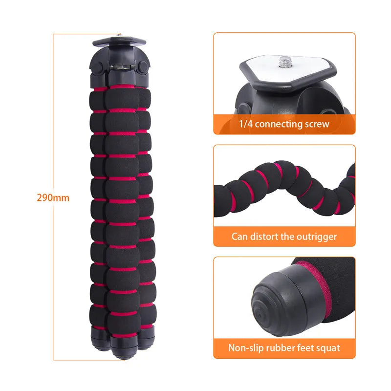 Trépied Flexible Mousse 18 CM Noir & Rouge | Compact & Caméra d’Action | Vis 1/4 Pouce, Charge 500 G