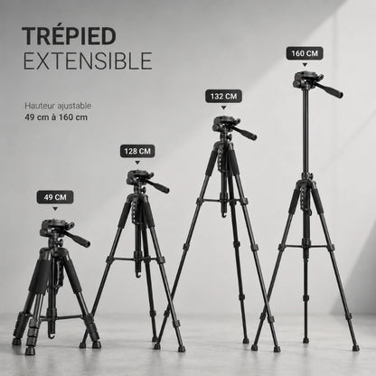 Infographie montrant le trépied extensible à quatre hauteurs de 49 cm à 160 cm, sur fond gris clair