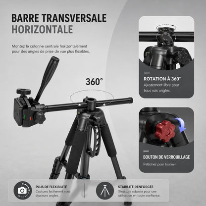 Trépied avec la colonne centrale orientée horizontalement à 90 degrés, rotation 360 degrés, avec gros plan du bouton de verrouillage rouge