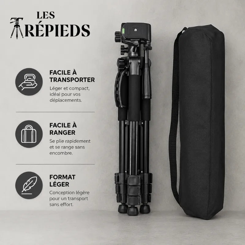 Trépied photo noir replié posé à côté de sa housse de transport noire, logo Les Trépieds, mentions facile à transporter, facile à ranger et format léger