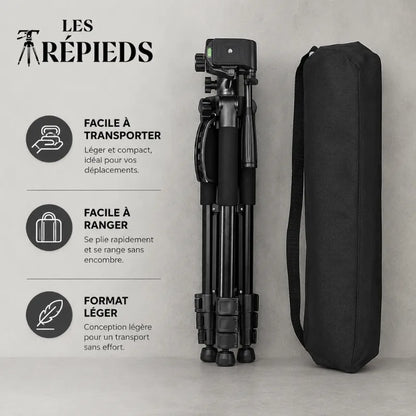 Trépied photo noir replié posé à côté de sa housse de transport noire, logo Les Trépieds, mentions facile à transporter, facile à ranger et format léger