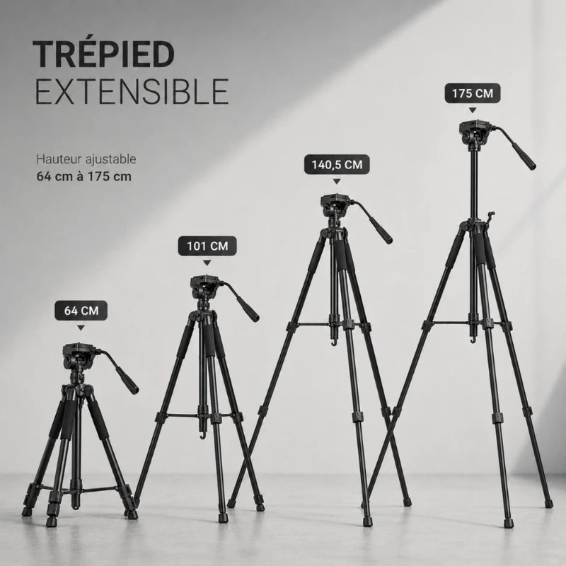 Infographie trépied extensible noir montrant 4 hauteurs : 64 cm, 101 cm, 140,5 cm et 175 cm