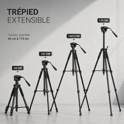 Infographie trépied extensible noir montrant 4 hauteurs : 64 cm, 101 cm, 140,5 cm et 175 cm