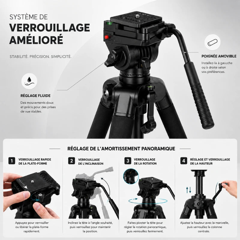 Infographie système de verrouillage ameliore trépied noir : réglage fluide, poignée amovible - 4 étapes réglage amortissement panoramique