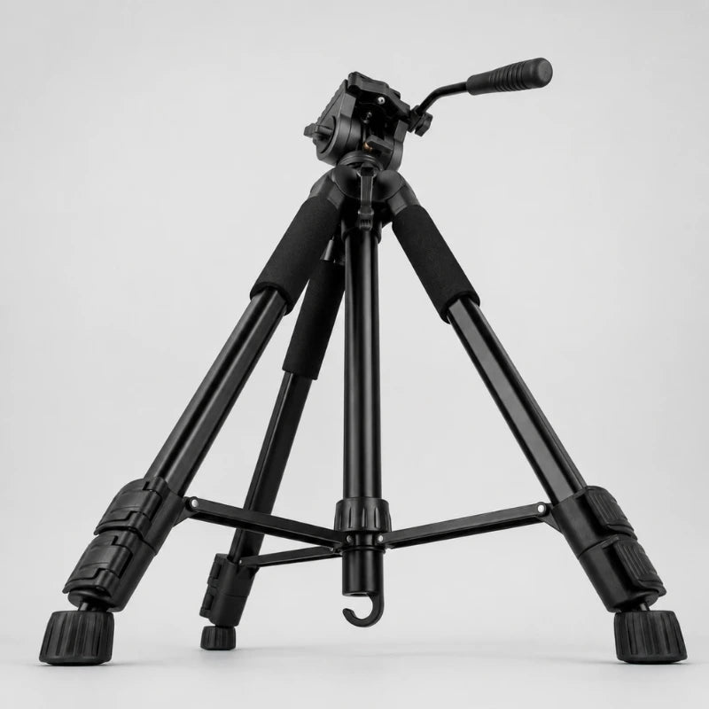 Trépied robuste noir en position basse sur fond gris, tête vidéo fluide noire avec levier, grips mousse, jambes très écartées vue trois quarts