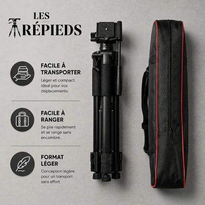 Trépied robuste noir replié à plat a côté d une housse de transport noire à bandes rouges - logo Les Trépieds - infographie : facile a transporter, facile a ranger, format léger