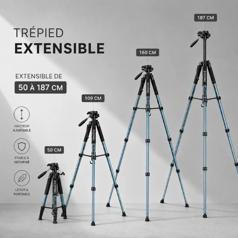 Infographie trépied extensible bleu Zomei montrant 4 hauteurs : 50 cm, 109 cm, 160 cm et 187 cm - 3 avantages : hauteur ajustable, stable et sécurisé, léger et portable