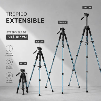 Infographie trépied extensible bleu Zomei montrant 4 hauteurs : 50 cm, 109 cm, 160 cm et 187 cm - 3 avantages : hauteur ajustable, stable et sécurisé, léger et portable