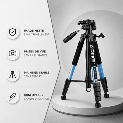 Trépied Zomei bleu et noir sur socle blanc - infographie 4 avantages : image nette sans tremblement, prises de vue sans assistance, maintien stable sans effort, confort sur chaque utilisation